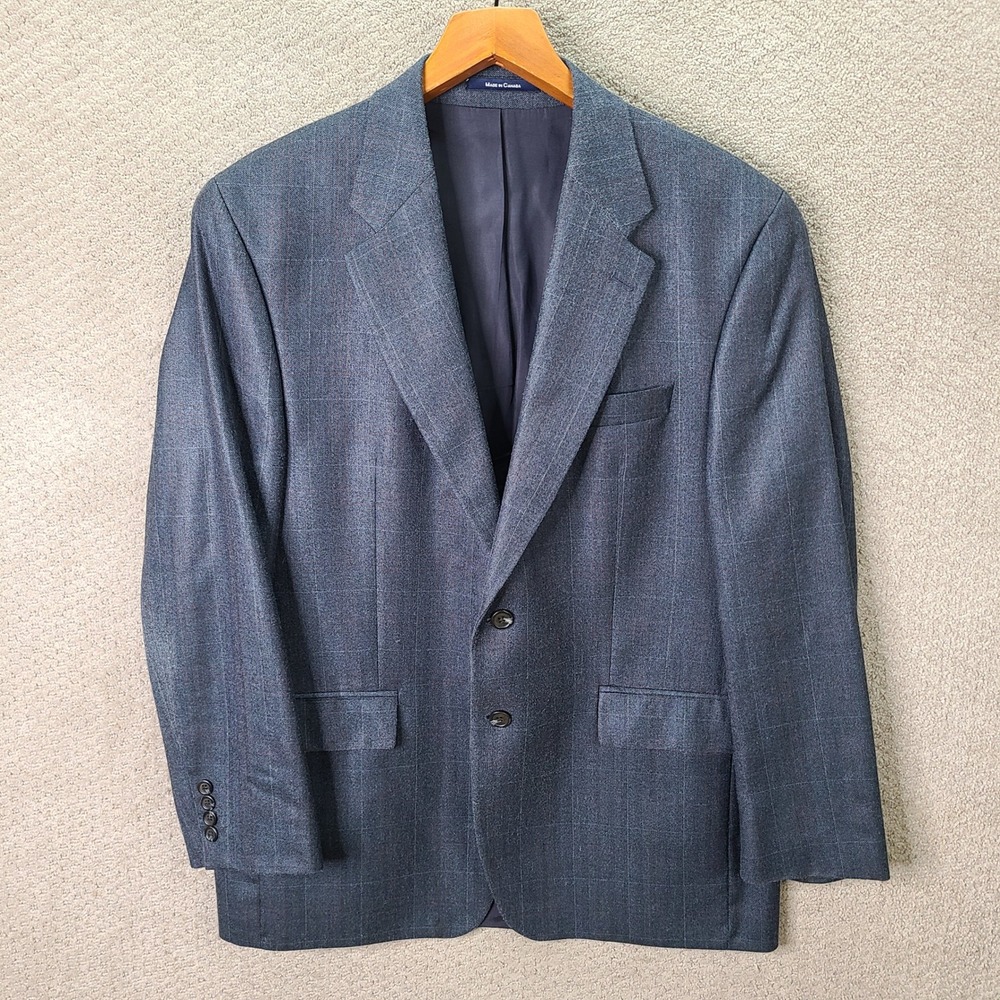 Vintage Chaps Ralph Lauren Jacket Men 42R Blue Plaid Blazer Silk Wool Two Button